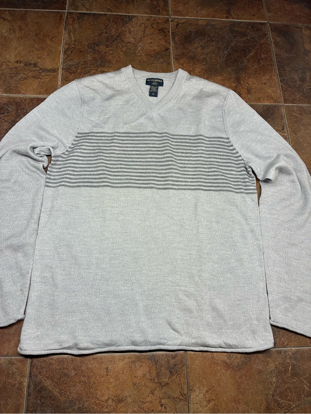 Banana Republic Merino Light Gray Striped V-Neck Sweater